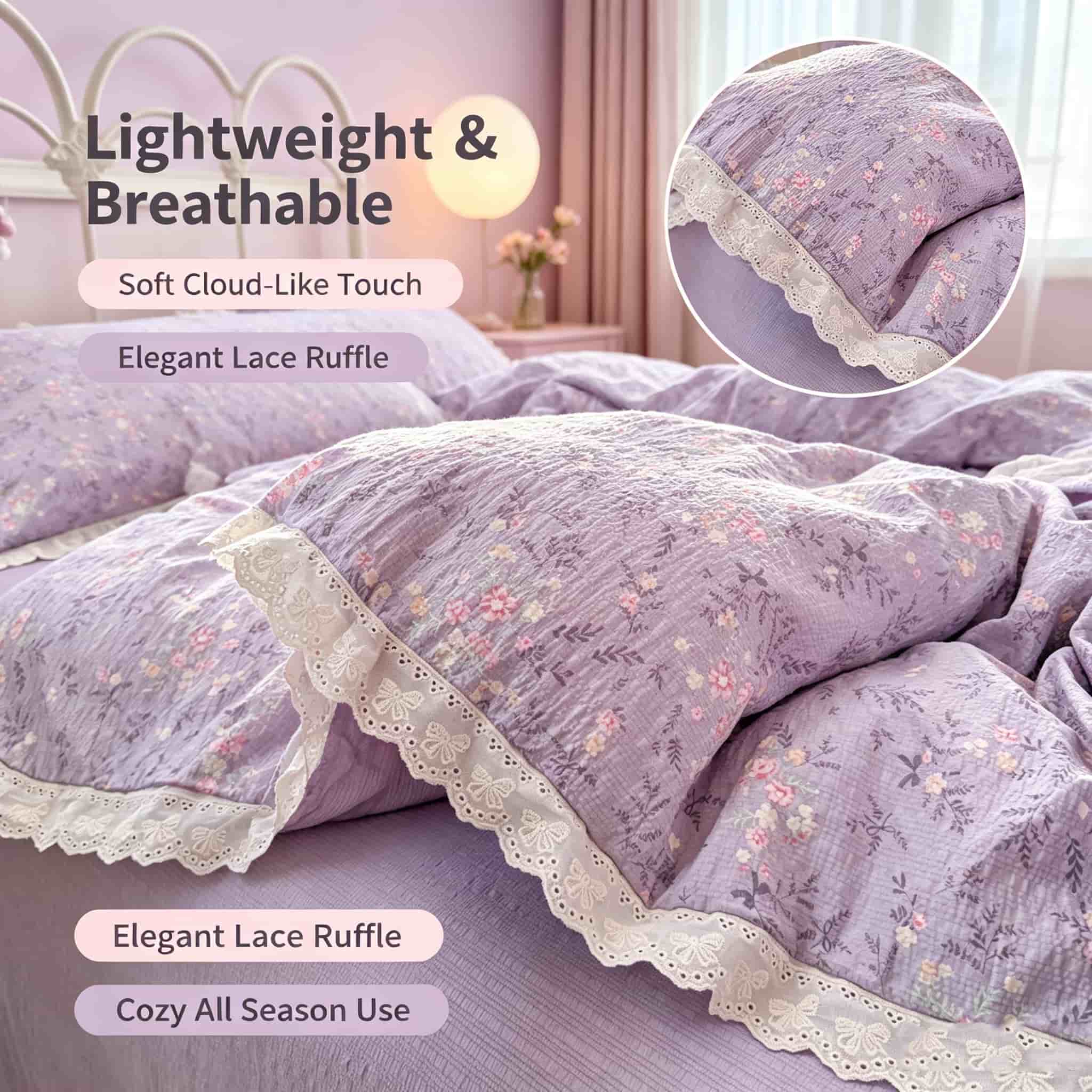 Aesthetic Floral Duvet Cover - Esthetische Cottagecore-beddengoedset, paarse bloemenkant dekbedovertrek, beddengoedsets